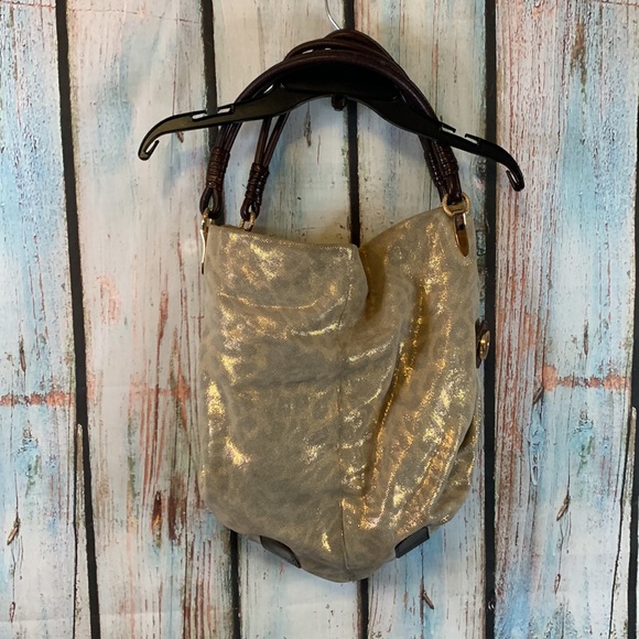 Tiffany and Fred Leopard Print Glittery Gold Purse with Double Straps - Picture 5 of 8